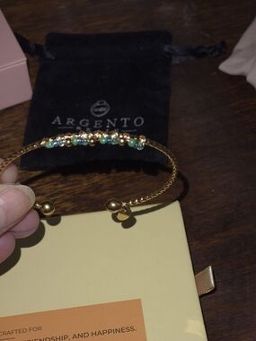 Fossil Gold Cuff Bracelet with Green Bead Accents